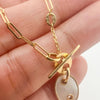 Paperclip Chain Mother of Pearl Charm Toggle Necklace 14K Yellow Gold