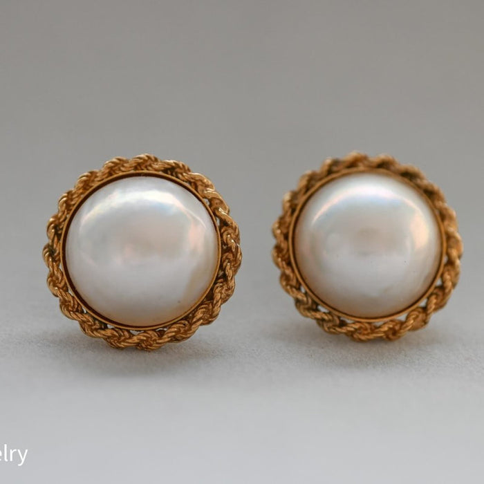 Vintage Pearl Button Earrings 14K Yellow Gold