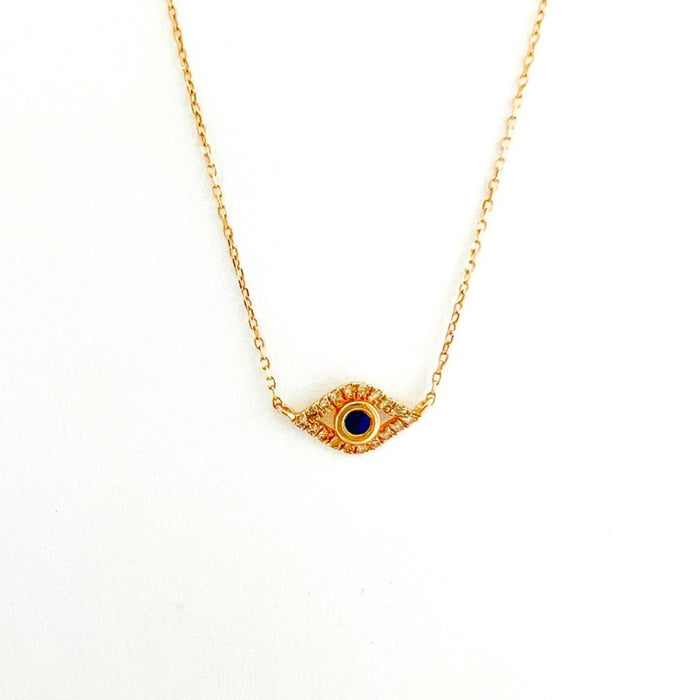 14K Yellow Gold Blue Sapphire and Diamond Dainty Evil Eye Charm Necklace