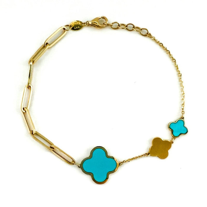 14K Yellow Gold Half Paperclip Haft Turquoise Clover Charm Bracelet