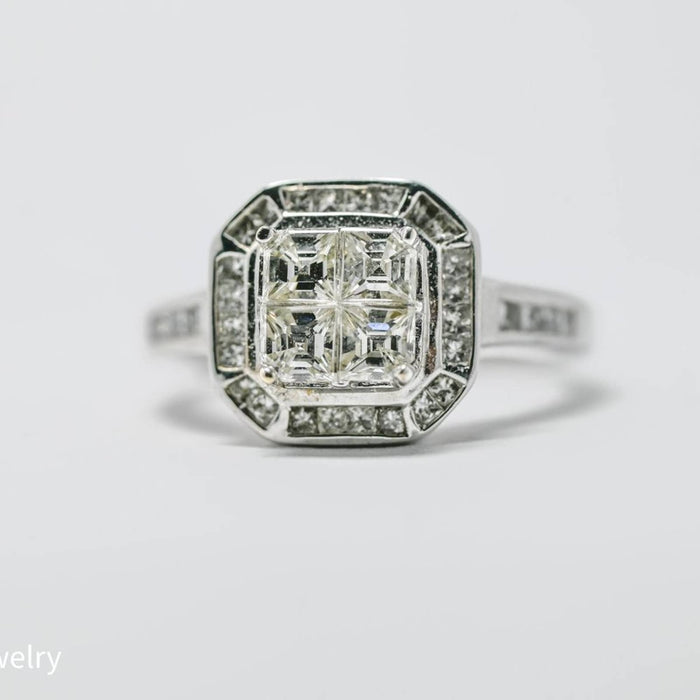 Art Deco Style Diamond Halo Engagement Ring 14K White Gold