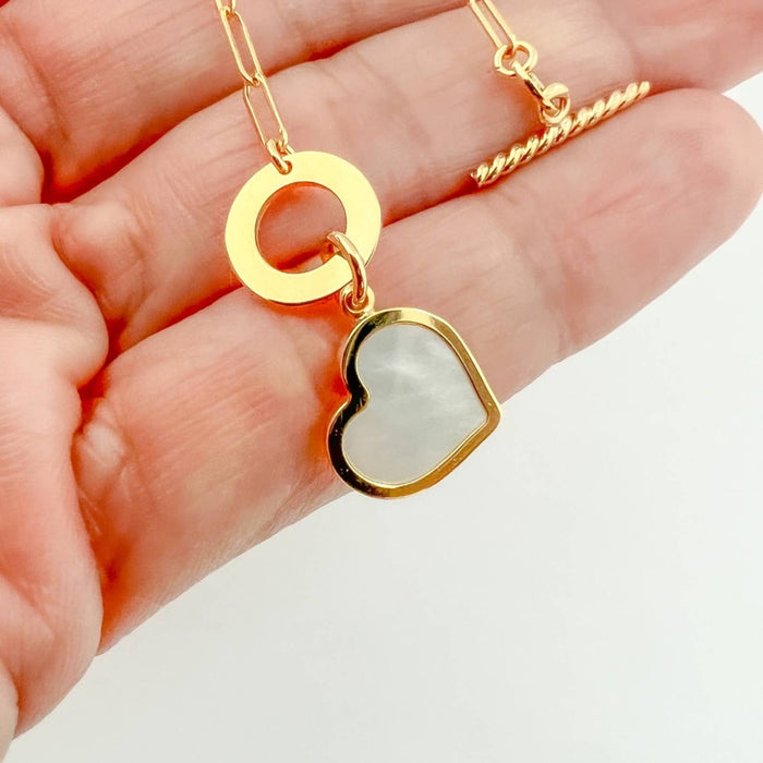 Mother Of Pearl Heart Charm 14K Yellow Gold Paperclip Toggle Clasp Necklace