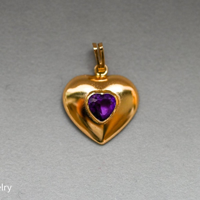 Amethysts Puffed Heart Vintage Charm Pendant 14K Yellow Gold