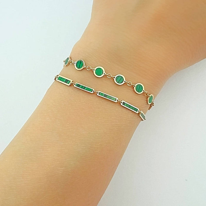 14K Yellow Gold Inlay Malachite Disc Bracelet