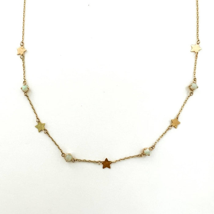 Star and Opal Station Chocker Necklace 14K Yellow Gold