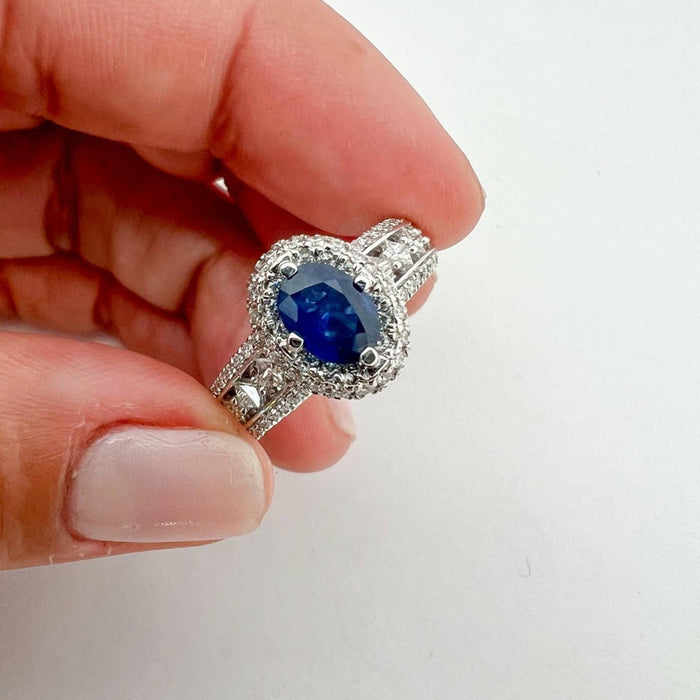 Blue Sapphire Halo Diamond Ring in 14K White Gold