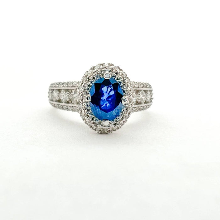 Blue Sapphire Halo Diamond Ring in 14K White Gold