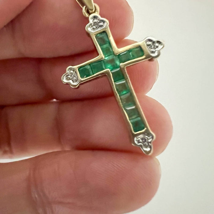 Emerald and Diamond Cross Pendant 10K Yellow Gold