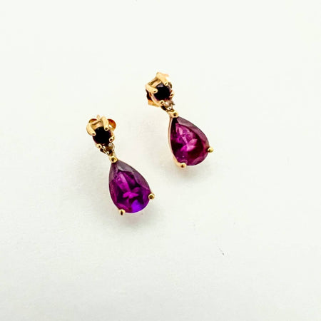 Amethyst Diamond Pear Dangle Stud Earrings 14k Yellow Gold