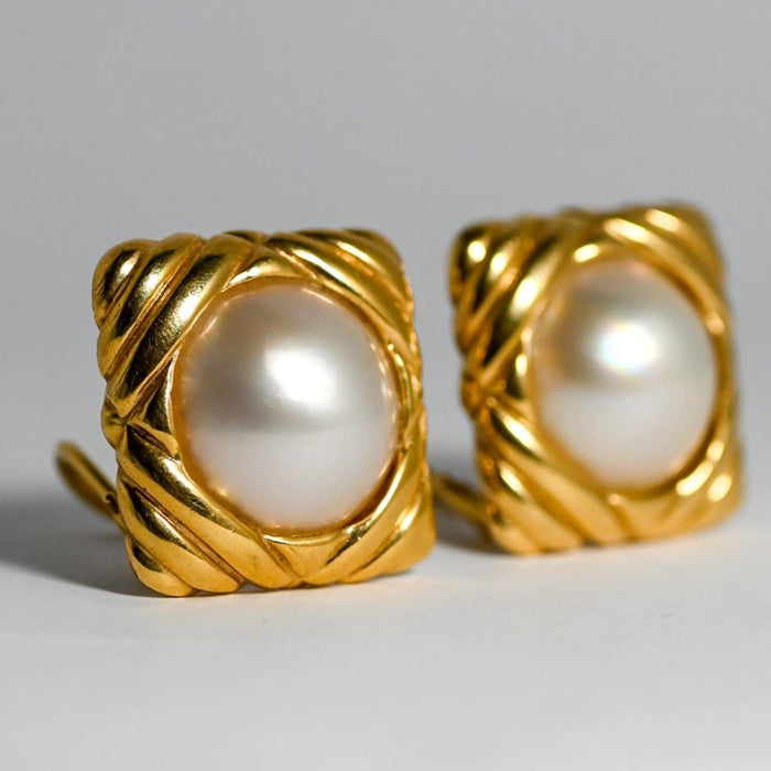 Vintage Clip On Pearl State Earrings 14K Yellow Gold