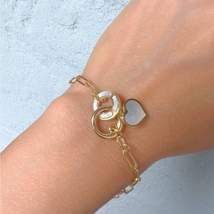 14K Yellow Gold Paperclip Link Bracelet With Mother Of Pearl Heart