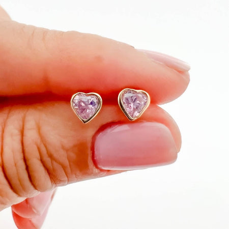 Pink Topaz Heart Shape Bezel Stud Earrings