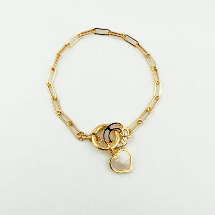 14K Yellow Gold Paperclip Link Bracelet With Mother Of Pearl Heart