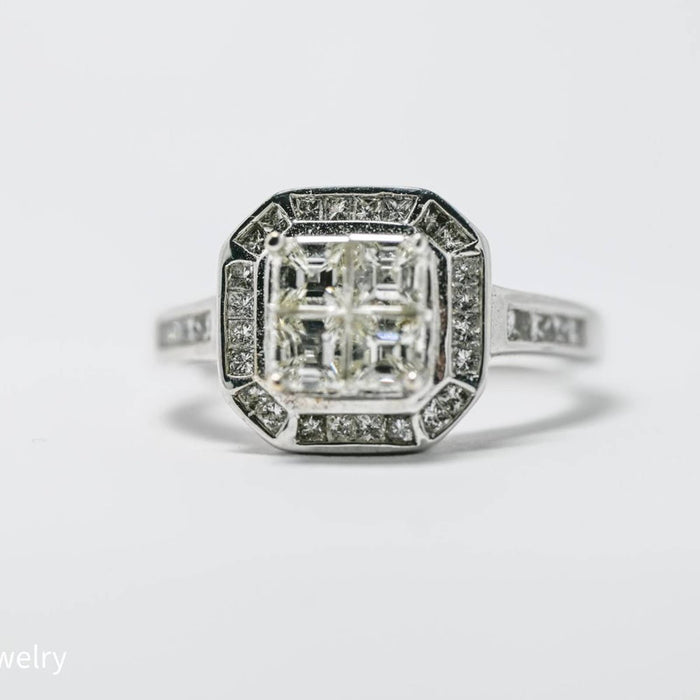 Art Deco Style Diamond Halo Engagement Ring 14K White Gold