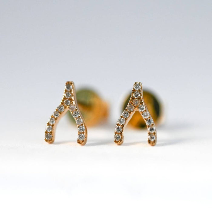 Diamond Wishbone Stud Earrings 14K Yellow Gold