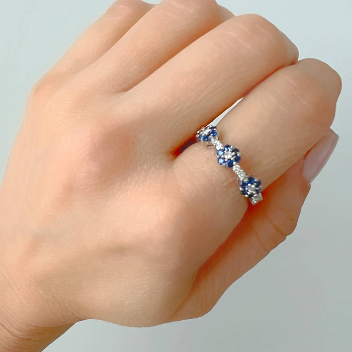 14K White Gold Sapphire and Diamond Flower Anniversary  Band Ring