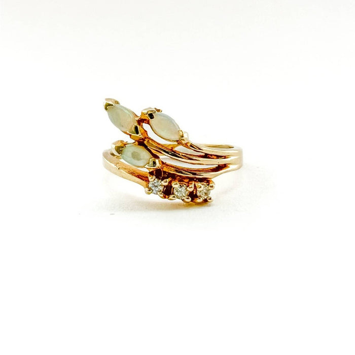 14K Yellow Marquise Opal and Diamond Vintage Ring