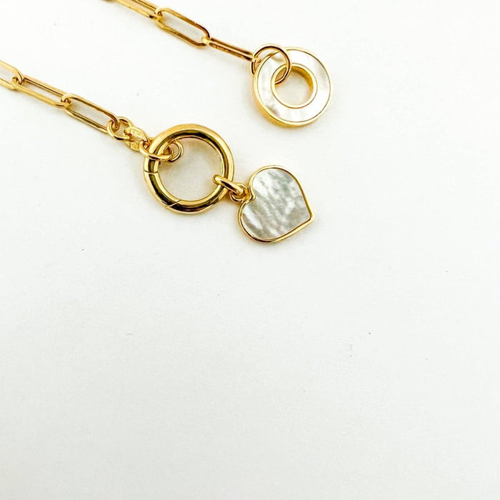 14K Yellow Gold Paperclip Link Bracelet With Mother Of Pearl Heart