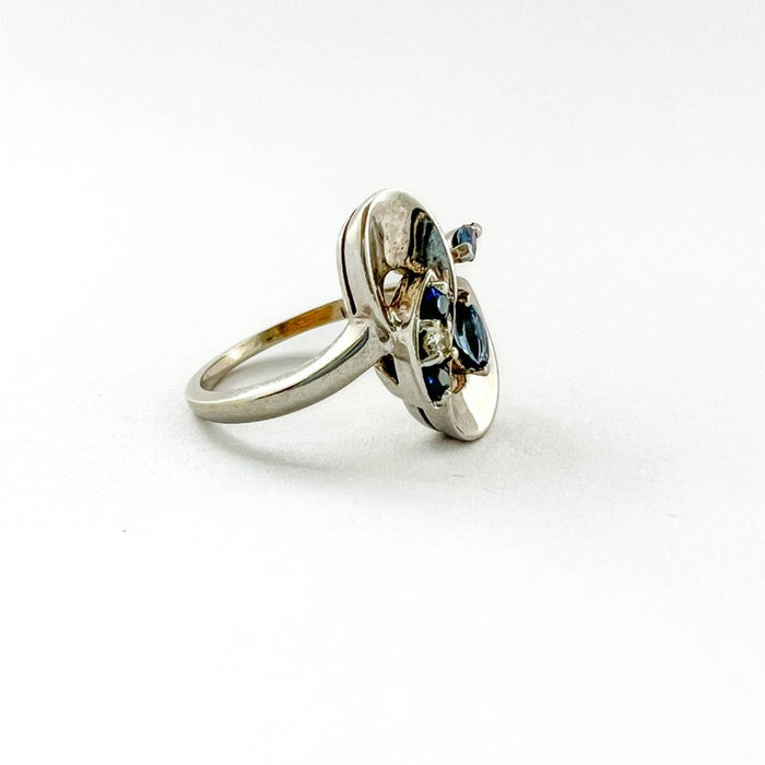 14K White Gold Blue Sapphire Diamond Vintage Ring