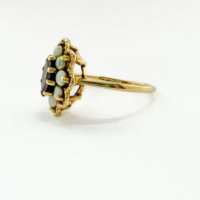 14K Yellow Gold Garnet and Opal Cluster Vintage Ring