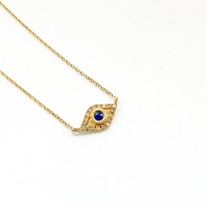 14K Yellow Gold Blue Sapphire and Diamond Dainty Evil Eye Charm Necklace