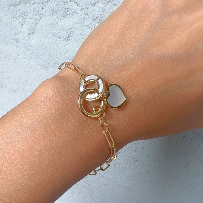 14K Yellow Gold Paperclip Link Bracelet With Mother Of Pearl Heart