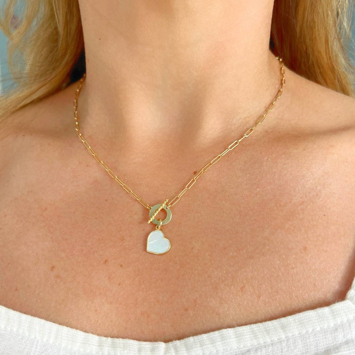 Mother Of Pearl Heart Charm 14K Yellow Gold Paperclip Toggle Clasp Necklace