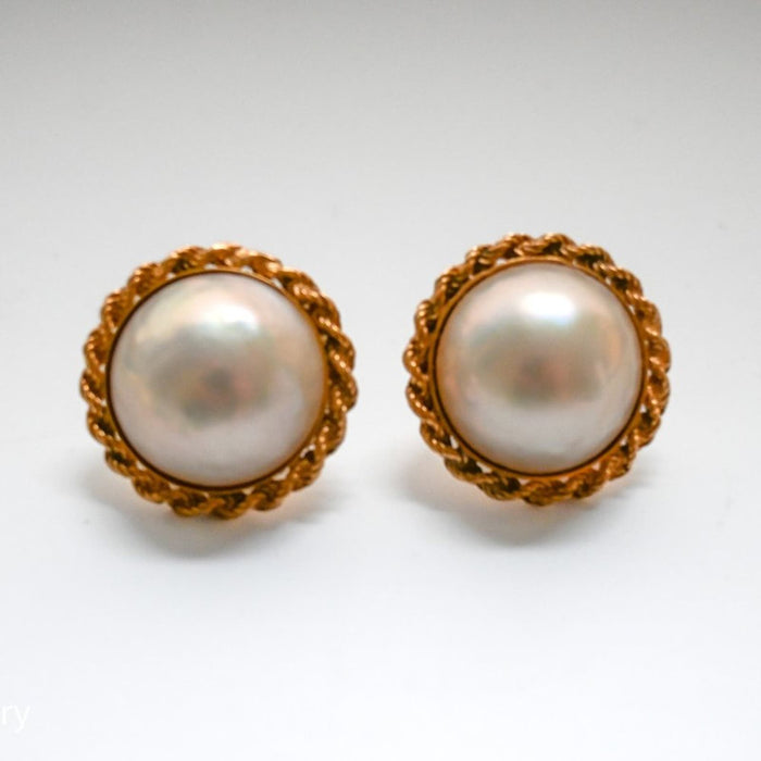 Vintage Pearl Button Earrings 14K Yellow Gold