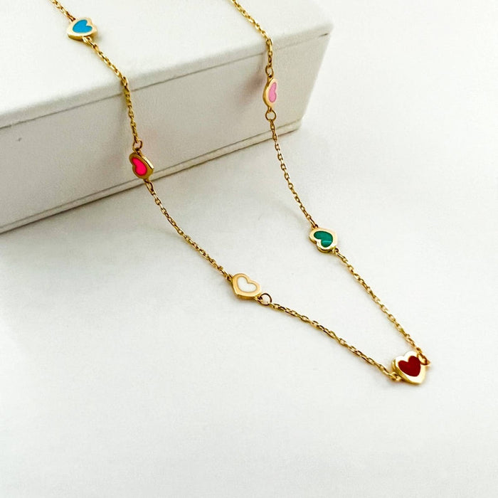 14K Yellow Gold Bright Enamel Heart Station Necklace