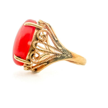 Vintage Coral Art Deco Style Cocktail Estate Ring 14K Yellow Gold