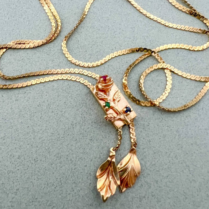 Vintage Lariat Ruby Rose Tassels 30" Long Necklace 14K Yellow Gold