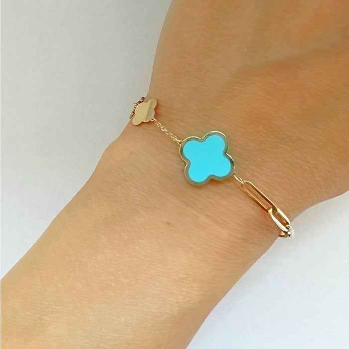 14K Yellow Gold Half Paperclip Haft Turquoise Clover Charm Bracelet