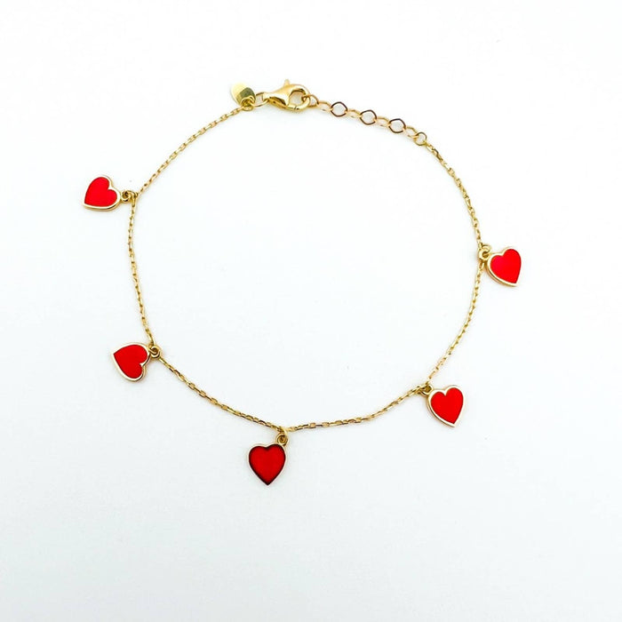 14K Yellow Gold Red Hearts Dangle Bracelet