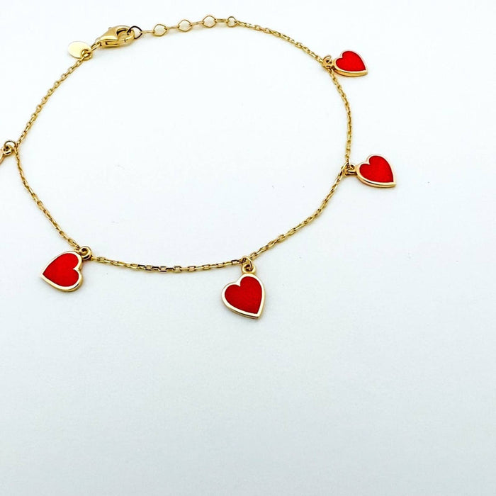 14K Yellow Gold Red Hearts Dangle Bracelet