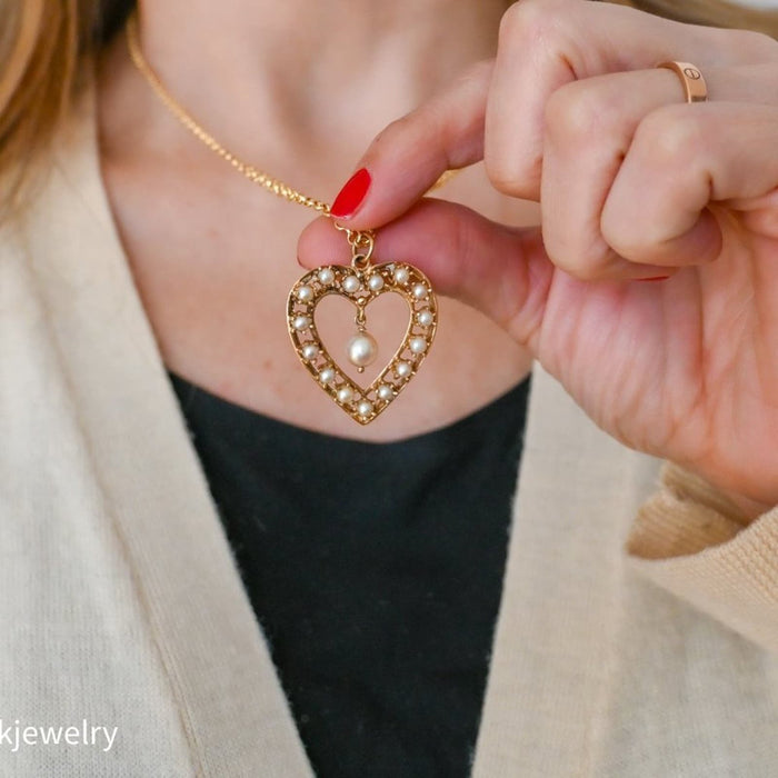 Antique  Pearl Heart Shape Pendant 14K Yellow Gold