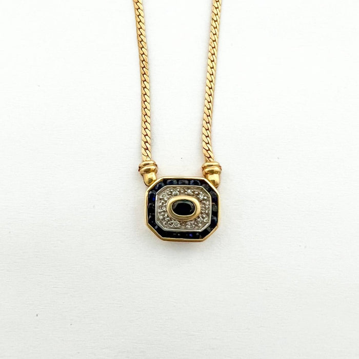 Vintage Pendant East and West Sapphire and Diamond Necklace 14K Yellow Gold