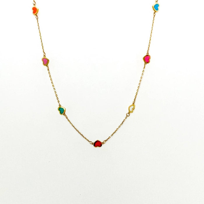 14K Yellow Gold Bright Enamel Heart Station Necklace