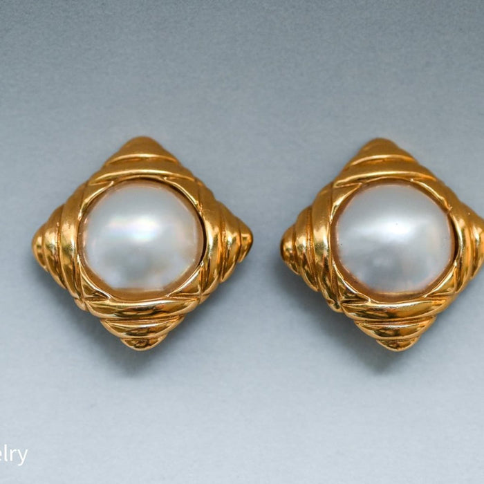 Vintage Clip On Pearl State Earrings 14K Yellow Gold