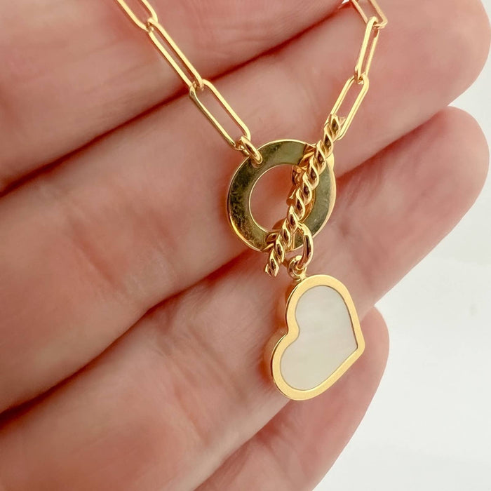 Mother Of Pearl Heart Charm 14K Yellow Gold Paperclip Toggle Clasp Necklace