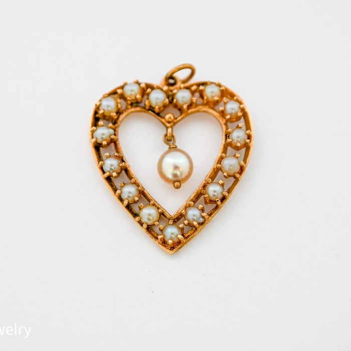 Antique  Pearl Heart Shape Pendant 14K Yellow Gold