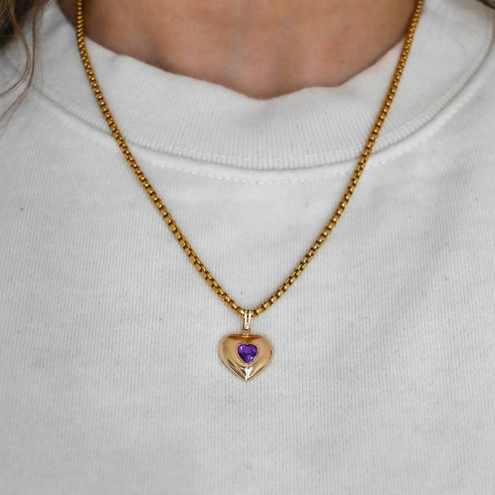 Amethysts Puffed Heart Vintage Charm Pendant 14K Yellow Gold