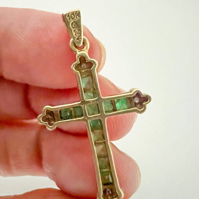 Emerald and Diamond Cross Pendant 10K Yellow Gold