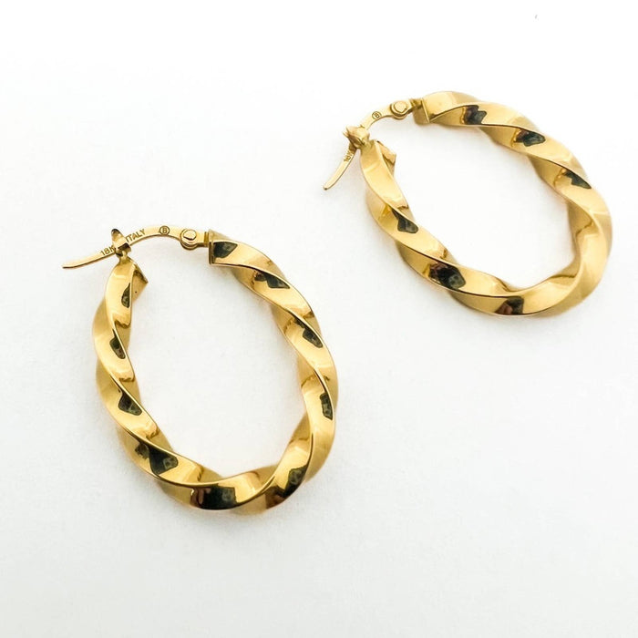 18K Yellow Gold Twisted Oval Hoop Earrings