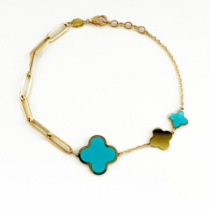 14K Yellow Gold Half Paperclip Haft Turquoise Clover Charm Bracelet