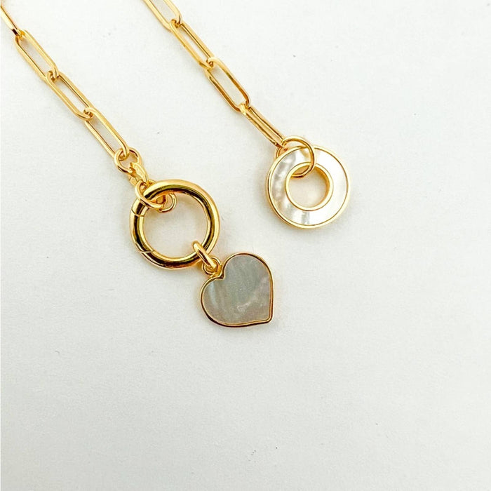 14K Yellow Gold Paperclip Link Bracelet With Mother Of Pearl Heart