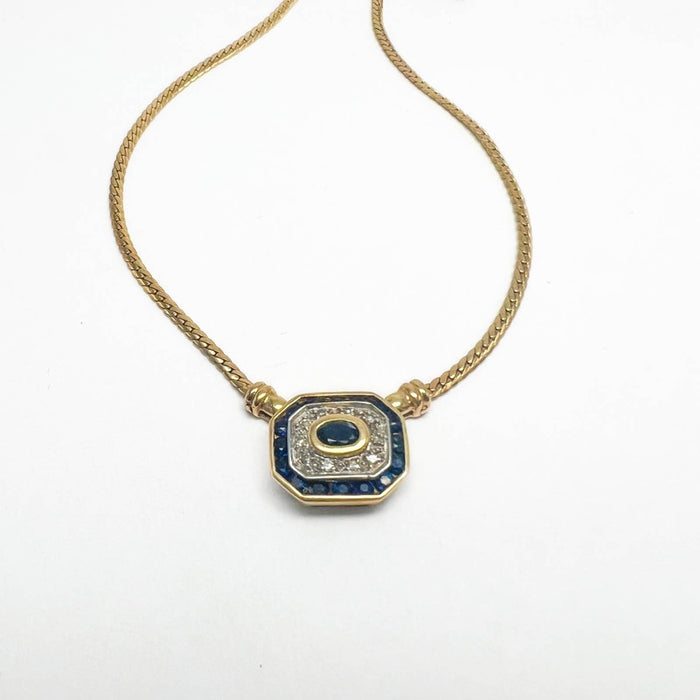 Vintage Pendant East and West Sapphire and Diamond Necklace 14K Yellow Gold