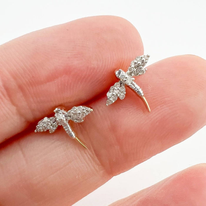 14K Yellow Gold Diamond Dragonfly Stud Earrings