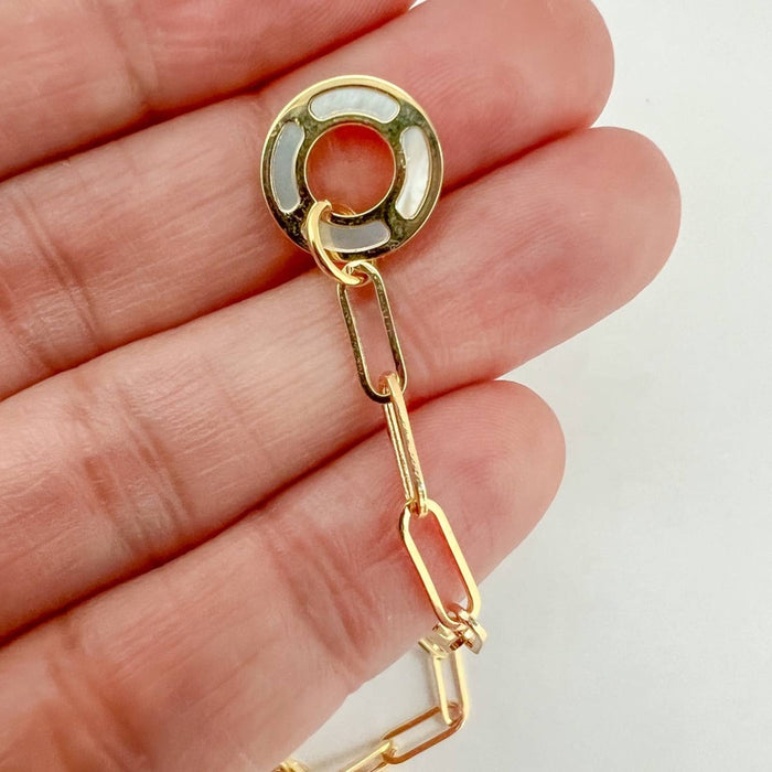 14K Yellow Gold Paperclip Link Bracelet With Mother Of Pearl Heart