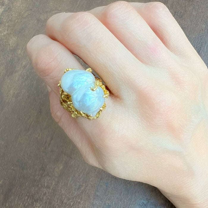 1970s Baroque South Sea Pearl 18K Yellow Gold Ring