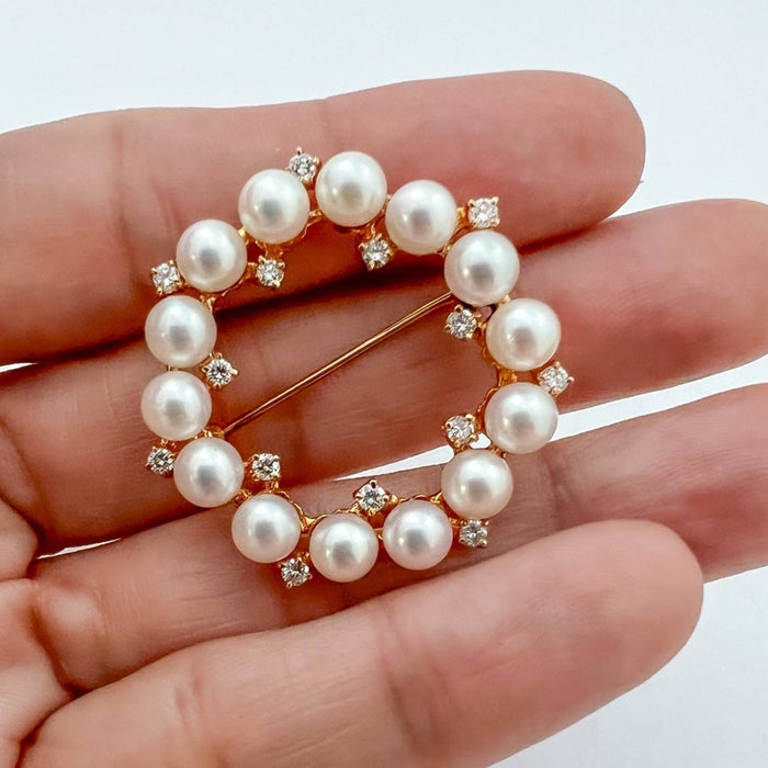 Victorian 14K Yellow Gold Culture Pearl and Diamond Circle Pin Brooch